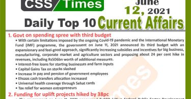 Daily Top-10 Current Affairs MCQs / News (June 12, 2021) for CSS, PMS