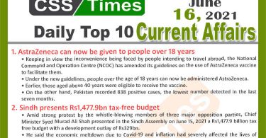 Daily Top-10 Current Affairs MCQs / News (June 16, 2021) for CSS, PMS