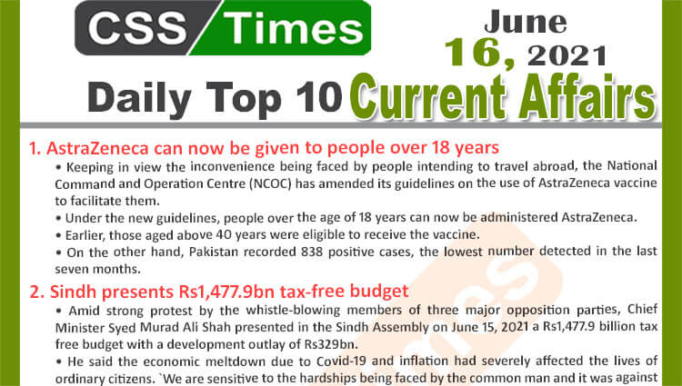 Daily Top-10 Current Affairs MCQs / News (June 16, 2021) for CSS, PMS