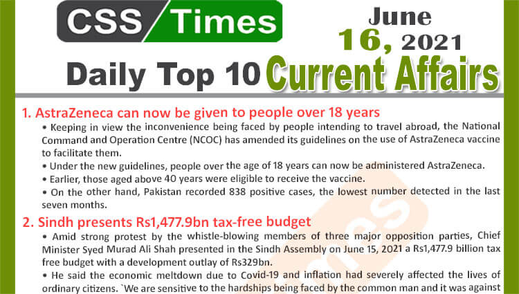 Daily Top-10 Current Affairs MCQs / News (June 16, 2021) for CSS, PMS