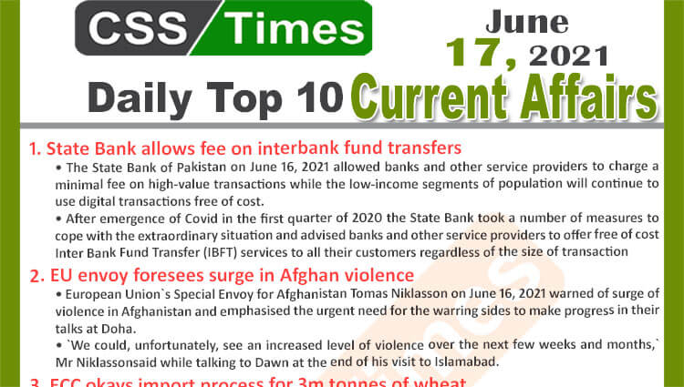 Daily Top-10 Current Affairs MCQs / News (June 16, 2021) for CSS, PMS
