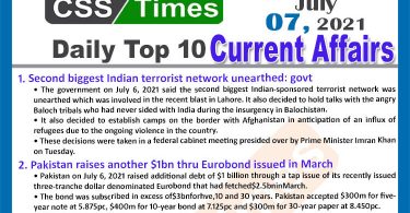 Daily Top-10 Current Affairs MCQs / News (July 07, 2021) for CSS, PMS