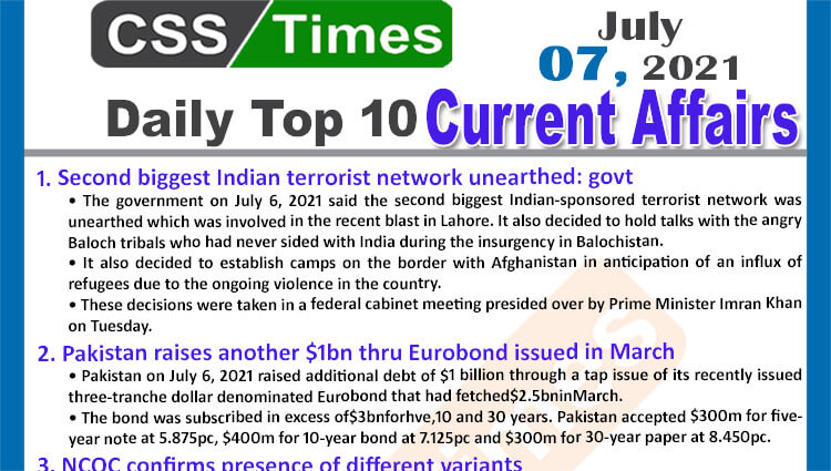 Daily Top-10 Current Affairs MCQs / News (July 07, 2021) for CSS, PMS