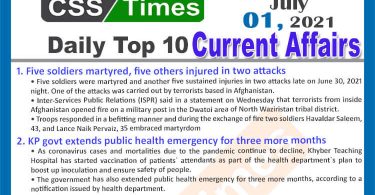 Daily Top-10 Current Affairs MCQs / News (July 01, 2021) for CSS, PMS