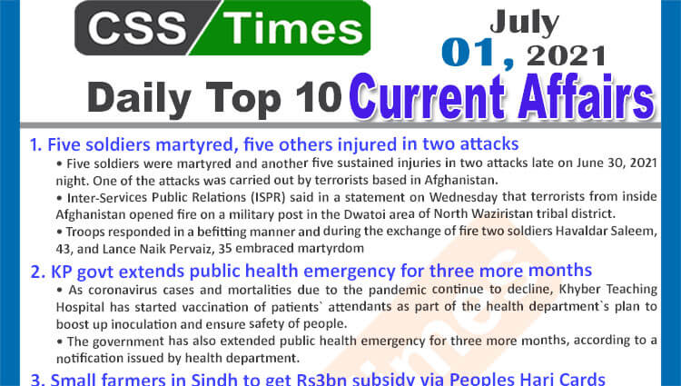 Daily Top-10 Current Affairs MCQs / News (July 01, 2021) for CSS, PMS