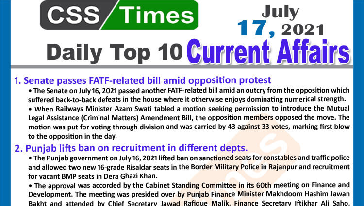 Daily Top-10 Current Affairs MCQs / News (July 17, 2021) for CSS, PMS