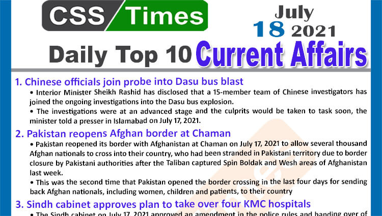 Daily Top-10 Current Affairs MCQs / News (July 18, 2021) for CSS, PMS