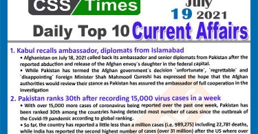 Daily Top-10 Current Affairs MCQs / News (July 19, 2021) for CSS, PMS