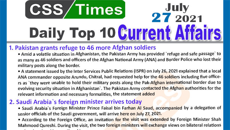 Daily Top-10 Current Affairs MCQs / News (July 27, 2021) for CSS, PMS