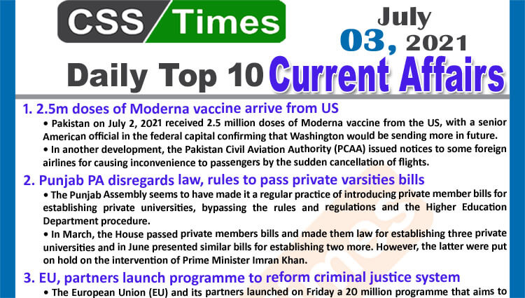 Daily Top-10 Current Affairs MCQs / News (July 03, 2021) for CSS, PMS