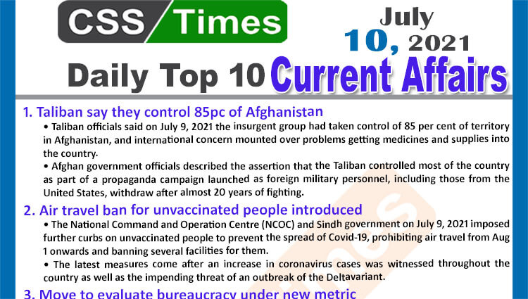 Daily Top-10 Current Affairs MCQs / News (July 10, 2021) for CSS, PMS
