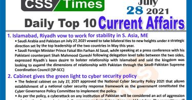 Daily Top-10 Current Affairs MCQs / News (July 28, 2021) for CSS, PMS
