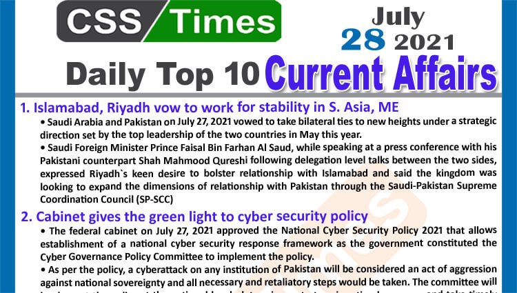 Daily Top-10 Current Affairs MCQs / News (July 28, 2021) for CSS, PMS