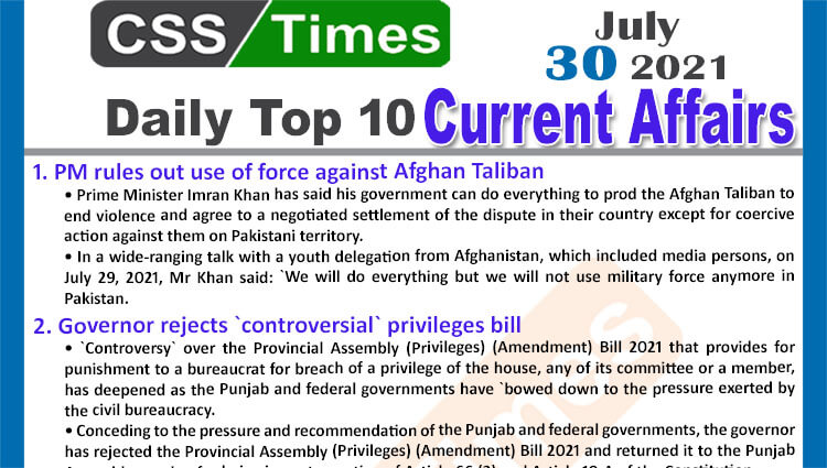 Daily Top-10 Current Affairs MCQs / News (July 30, 2021) for CSS, PMS