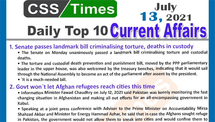 Daily Top-10 Current Affairs MCQs / News (July 13, 2021) for CSS, PMS