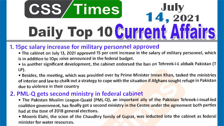 Daily Top-10 Current Affairs MCQs / News (July 14, 2021) for CSS, PMS