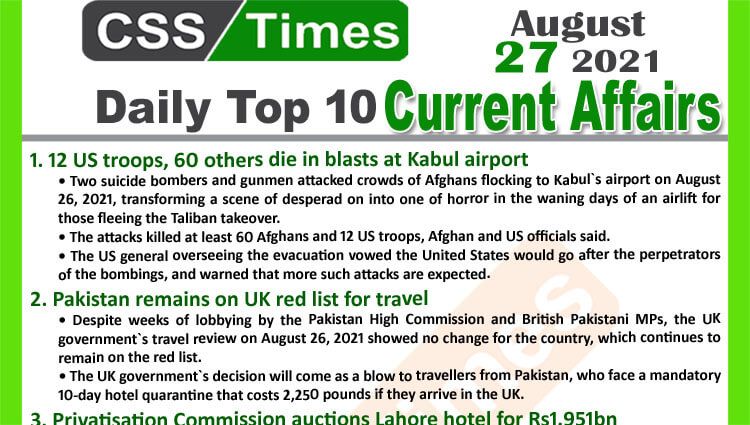 Daily Top-10 Current Affairs MCQs / News (August 27, 2021) for CSS, PMS
