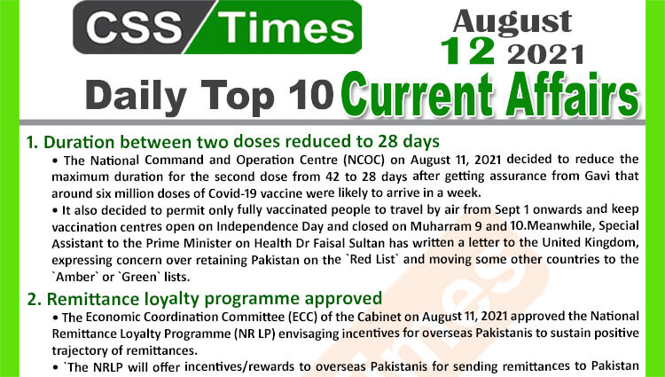 Daily Top-10 Current Affairs MCQs / News (August 12, 2021) for CSS, PMS