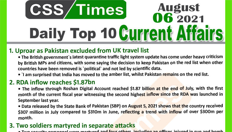 Daily Top-10 Current Affairs MCQs / News (August 06, 2021) for CSS, PMS