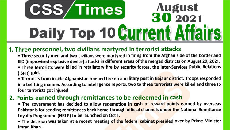 Daily Top-10 Current Affairs MCQs / News (August 30, 2021) for CSS, PMS