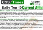 Daily Top-10 Current Affairs MCQs / News (August 02, 2021) for CSS, PMS