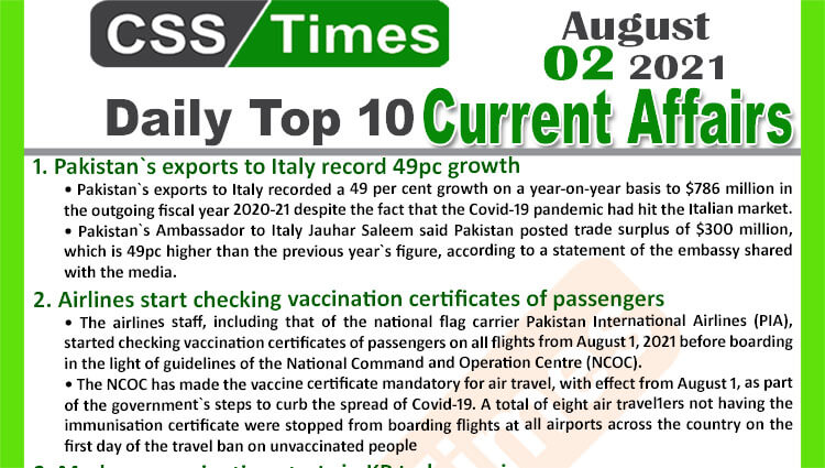 Daily Top-10 Current Affairs MCQs / News (August 02, 2021) for CSS, PMS