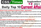 Daily Top-10 Current Affairs MCQs / News (September 12, 2021) for CSS, PMS