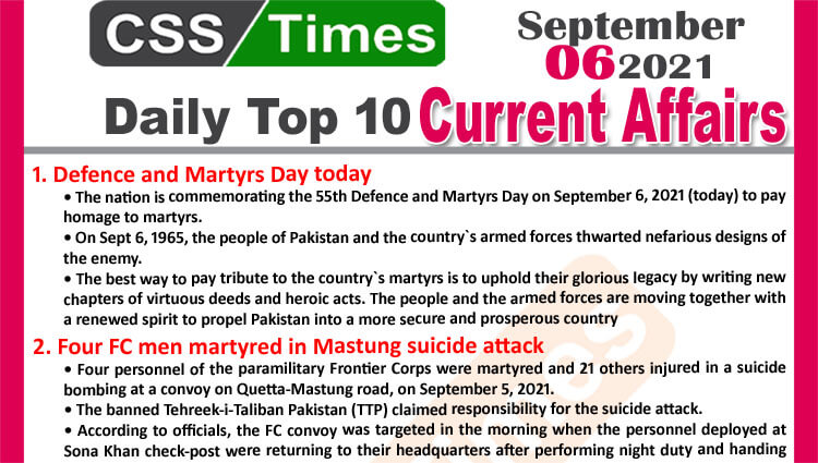 Daily Top-10 Current Affairs MCQs / News (September 06, 2021) for CSS, PMS