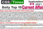 Daily Top-10 Current Affairs MCQs / News (September 24, 2021) for CSS, PMS