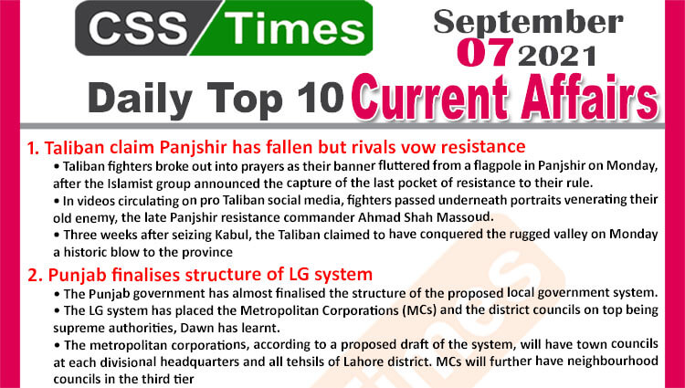 Daily Top-10 Current Affairs MCQs / News (September 07, 2021) for CSS, PMS