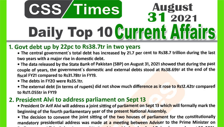 Daily Top-10 Current Affairs MCQs / News (August 31, 2021) for CSS, PMS
