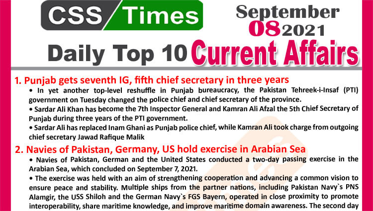 Daily Top-10 Current Affairs MCQs / News (September 08, 2021) for CSS, PMS