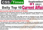 Daily Top-10 Current Affairs MCQs / News (September 01, 2021) for CSS, PMS