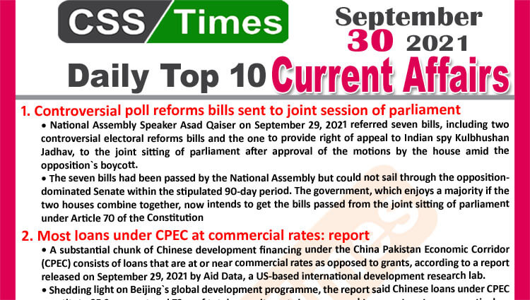 Daily Top-10 Current Affairs MCQs / News (September 30, 2021) for CSS, PMS