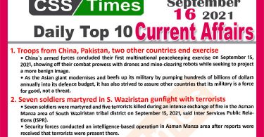 Daily Top-10 Current Affairs MCQs / News (September 15, 2021) for CSS, PMS