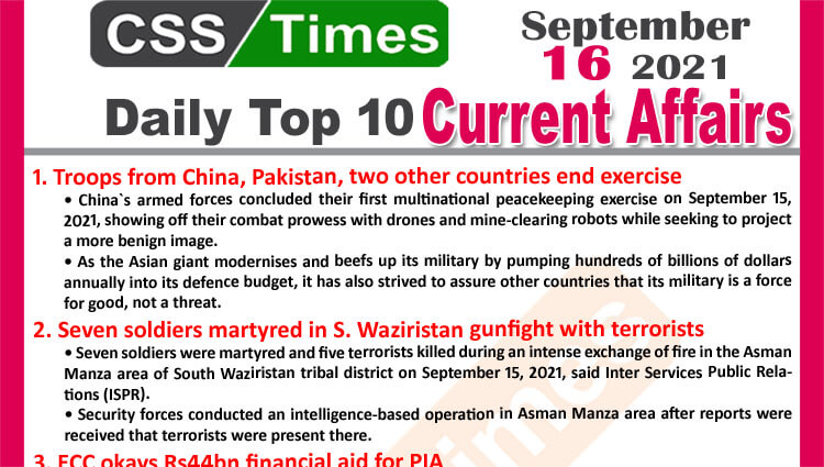 Daily Top-10 Current Affairs MCQs / News (September 15, 2021) for CSS, PMS