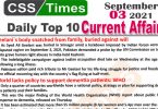 Daily Top-10 Current Affairs MCQs / News (September 03, 2021) for CSS, PMS