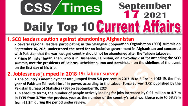 Daily Top-10 Current Affairs MCQs / News (September 17, 2021) for CSS, PMS