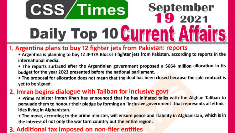 Daily Top-10 Current Affairs MCQs / News (September 19, 2021) for CSS, PMS