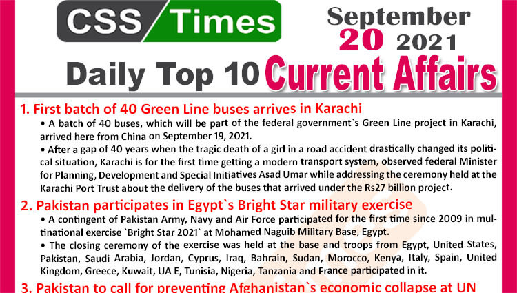 Daily Top-10 Current Affairs MCQs / News (September 20, 2021) for CSS, PMS