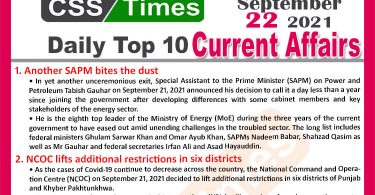 Daily Top-10 Current Affairs MCQs / News (September 22, 2021) for CSS, PMS