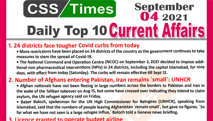 Daily Top-10 Current Affairs MCQs / News (September 04, 2021) for CSS, PMS