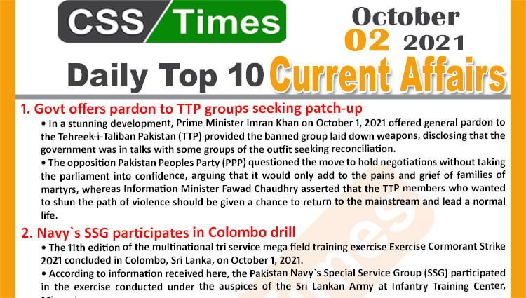 Daily Top-10 Current Affairs MCQs / News (October 02, 2021) for CSS, PMS