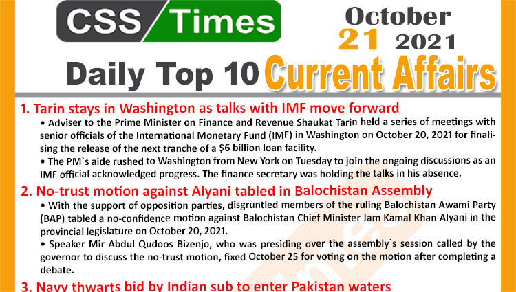 Daily Top-10 Current Affairs MCQs / News (October 21, 2021) for CSS, PMS