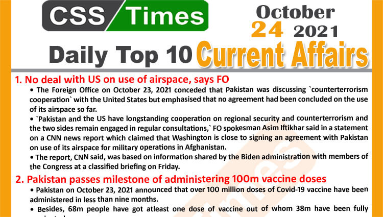 Daily Top-10 Current Affairs MCQs / News (October 24, 2021) for CSS, PMS
