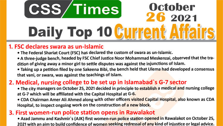 Daily Top-10 Current Affairs MCQs / News (October 26, 2021) for CSS, PMS