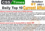 Daily Top-10 Current Affairs MCQs / News (October 07, 2021) for CSS, PMS