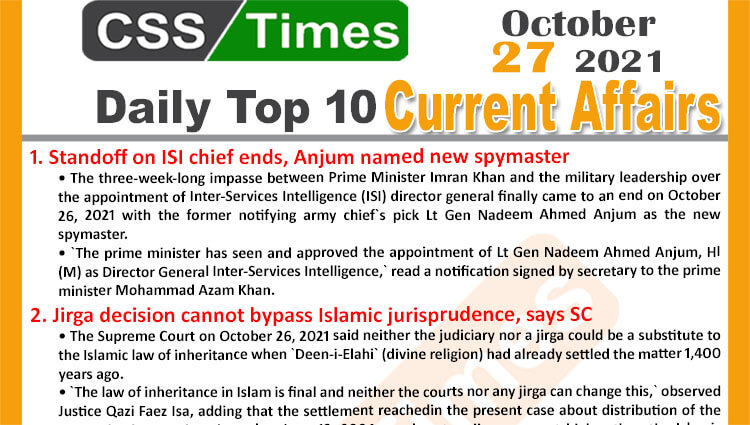 Daily Top-10 Current Affairs MCQs / News (October 27, 2021) for CSS, PMS