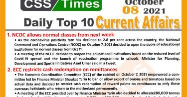 Daily Top-10 Current Affairs MCQs / News (October 08, 2021) for CSS, PMS