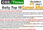 Daily Top-10 Current Affairs MCQs / News (October 29, 2021) for CSS, PMS